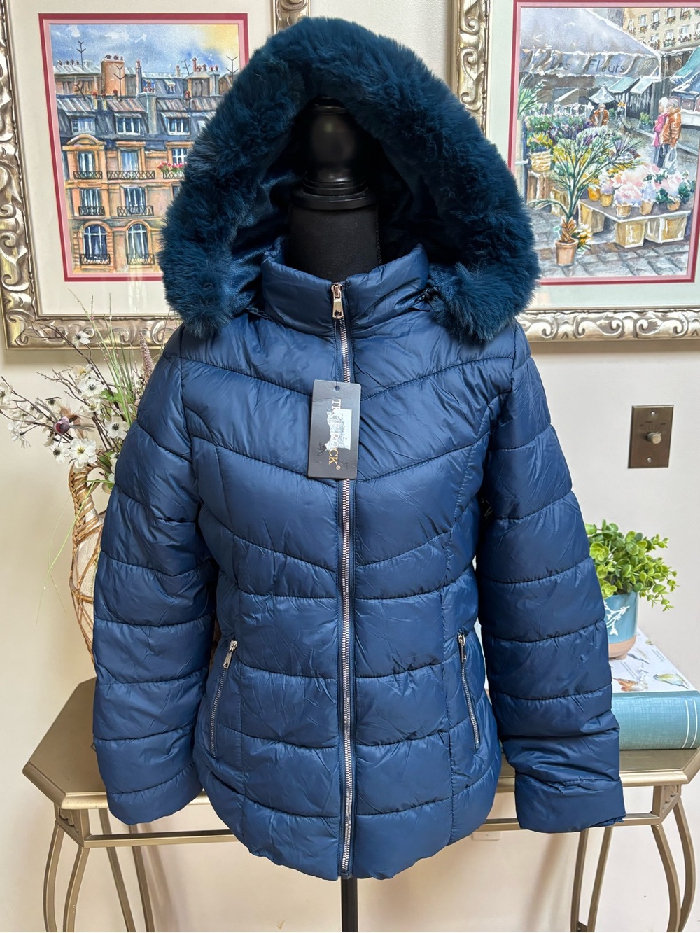 TRUE ROCK Blue Quilted Puffer Zip Up Jacket With Removable Faux Fur Hood SZ L